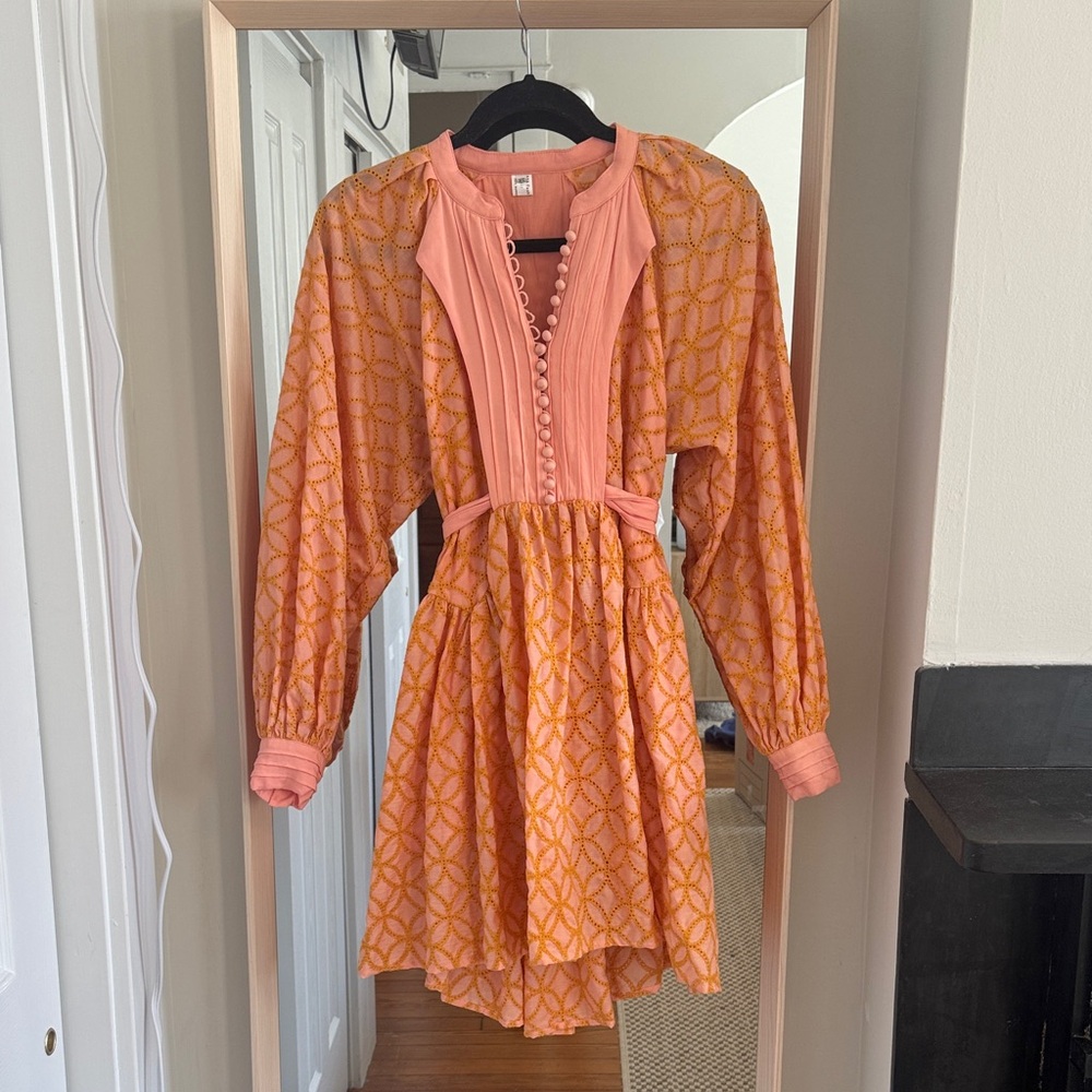 Peach & Orange Patterned Mini Dress with Button Front